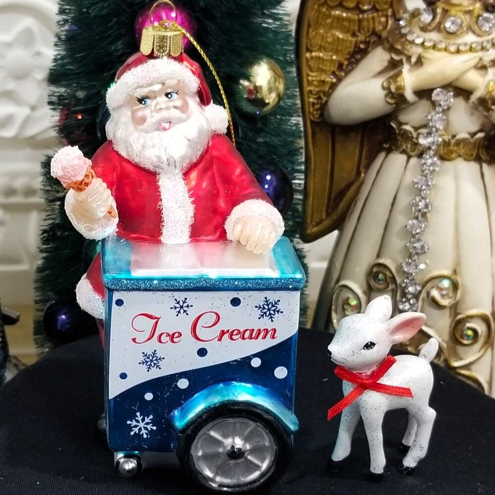 Blown Glass Santa Ice Cream Cart Christmas Ornament Dessert Bakery